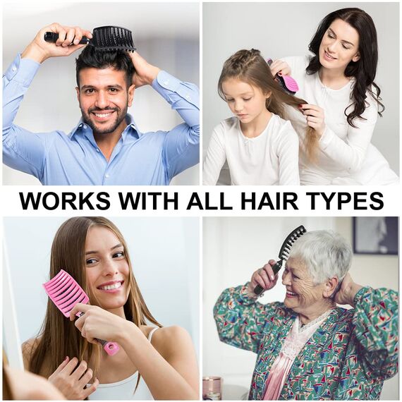 URAQT Haarbürste, Profi Entwirrungsbürste mit Griff, Haarbürste ohne Ziepen, Wildschweinborsten Haarstyling Bürste für Locken Lange Feine Dicke Lockige Haare (M-schwarz+rosa)