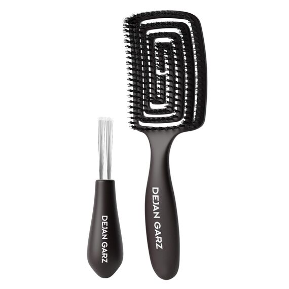 Dejan Garz Bürste mit Wildschweinborsten Schwarz (1 Stk) – Haarbürste ohne Ziepen für feines & mittleres Haar – Hair Brush für Glanz & Geschmeidigkeit inkl. Reinigungsbürste