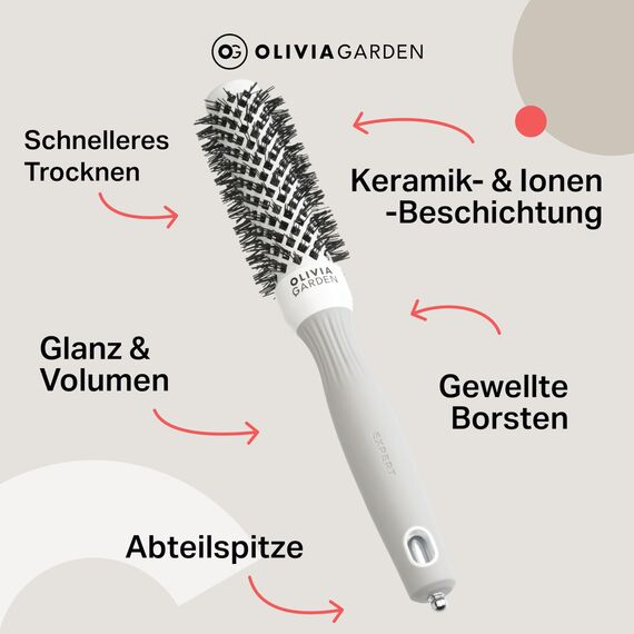 Olivia Garden Expert Blowout Shine – Weiß & Grau - 25 - Runde, antistatische Keramikbürste für glänzende und frizzfreie Blowouts