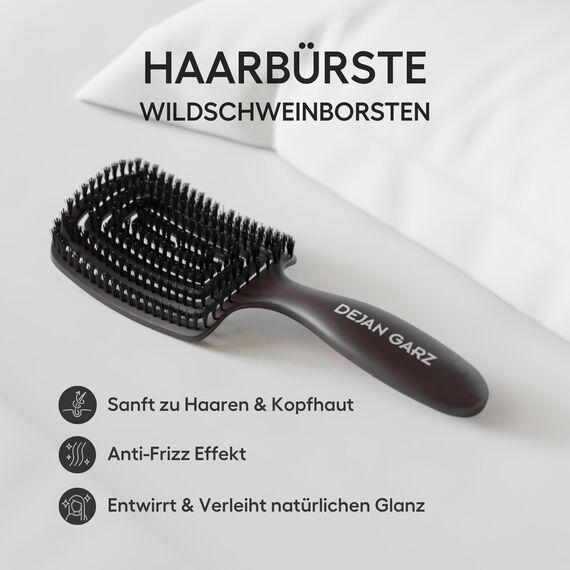Dejan Garz Bürste mit Wildschweinborsten Schwarz (1 Stk) – Haarbürste ohne Ziepen für feines & mittleres Haar – Hair Brush für Glanz & Geschmeidigkeit inkl. Reinigungsbürste