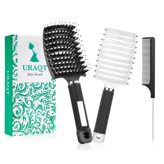 URAQT Haarbürste, 2 Stück Profi Entwirrungsbürste mit Griff, Wildschweinborsten Haarstyling Bürste mit Haarkamm für Lange Feine Dicke Lockige Haare, ohne Ziepen (schwarz+weiß)