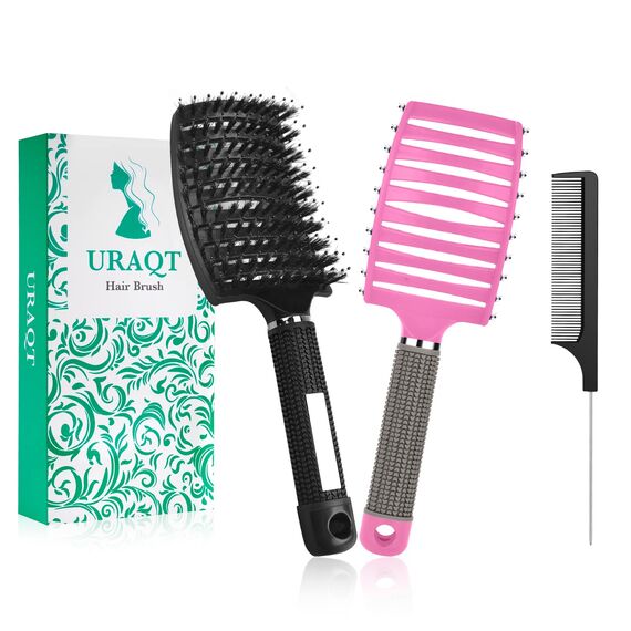 URAQT Haarbürste, Profi Entwirrungsbürste mit Griff, Haarbürste ohne Ziepen, Wildschweinborsten Haarstyling Bürste für Locken Lange Feine Dicke Lockige Haare (M-schwarz+rosa)