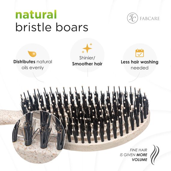 FABCARE Bio Haarbürste Wildschweinborsten Rund mit Ebook - Detangler-Bürste Doppelspiralfeder ohne Ziepen - Profi Entwirrbürste für Haartypen - Haarbürste Damen (Natur)