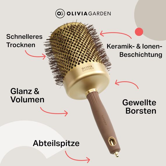 Olivia Garden Expert Blowout Shine - Gold & Braun - 80 - Runde antistatische Keramikbürste für glänzendes Styling ohne Frisierdose