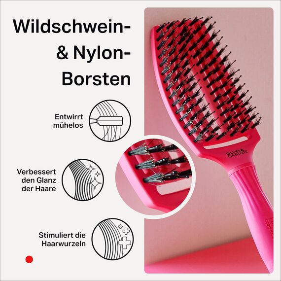Olivia Garden Fingerbrush Care Iconic - Medium - Hot Pink - Detangler Bürste mit Wildschweinborsten & Nylon für gesundes und glänzendes Haar
