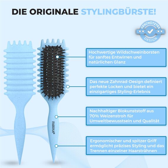 FABIHA® ???????????????????????????? Lockenbürste - Curly Hair Brush - Bio Haarbürste ohne ziepen - Wildschweinborsten Bürste - Die Originale 3-in-1-Stylingbürste für trendige Lockenfrisuren (Hellblau)
