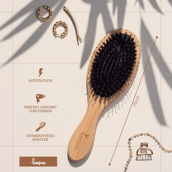 lampox - Bambus Haarbürste mit Wildschweinborsten Kopfmassage Haarpflege, Entwirrbürste für lange Haare & Locken von Damen, Herren & Kinder, Massagebürste für die Kopfhaut, Detangler (oval)