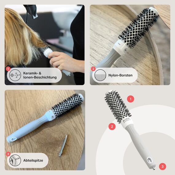 Olivia Garden Expert Blowout Shine – Weiß & Grau - 25 - Runde, antistatische Keramikbürste für glänzende und frizzfreie Blowouts