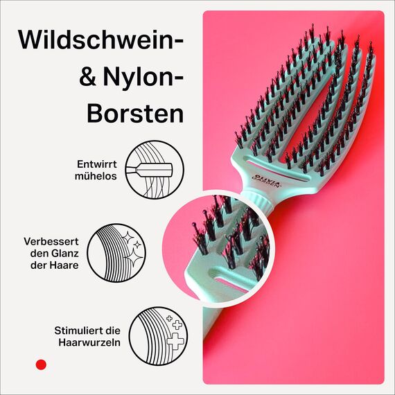 Olivia Garden Fingerbrush Care Iconic - Medium - Mint - Detangler Bürste mit Wildschweinborsten & Nylon für gesundes und glänzendes Haar