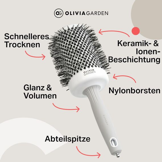 Olivia Garden Expert Blowout Shine - White & Grey - 65 - Keramikbeschichtete Rundbürste für geschmeidiges Ausblasen, krausfreies Haar & strahlenden Glanz