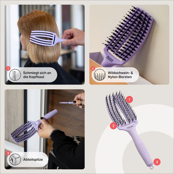 Olivia Garden Fingerbrush Care Iconic - Medium - Lavender - Detangler Bürste mit Wildschweinborsten & Nylon für gesundes und glänzendes Haar