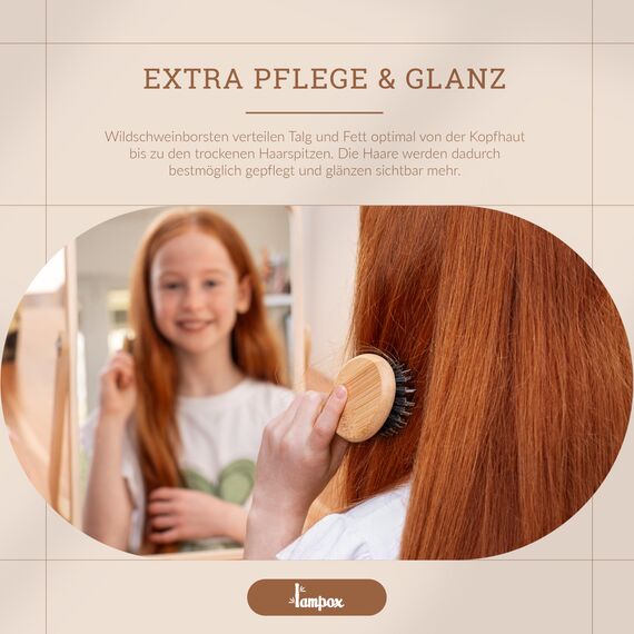 lampox Kinder Haarbürste Bambus mit Wildschweinborsten Kopfmassage Haarpflege, Entwirrbürste für lange Haare & Locken von Damen, Herren & Kinder, Massagebürste für die Kopfhaut, Detangler