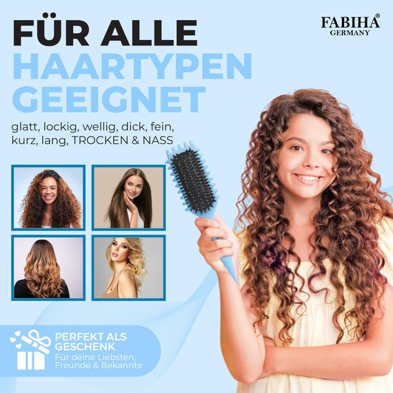 FABIHA® ???????????????????????????? Lockenbürste - Curly Hair Brush - Bio Haarbürste ohne ziepen - Wildschweinborsten Bürste - Die Originale 3-in-1-Stylingbürste für trendige Lockenfrisuren (Hellblau)