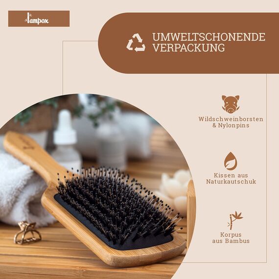 lampox - Bambus Haarbürste mit Wildschweinborsten Kopfmassage Haarpflege, Entwirrbürste für lange Haare & Locken von Damen, Herren & Kinder, Massagebürste für die Kopfhaut, Detangler (rechteckig)