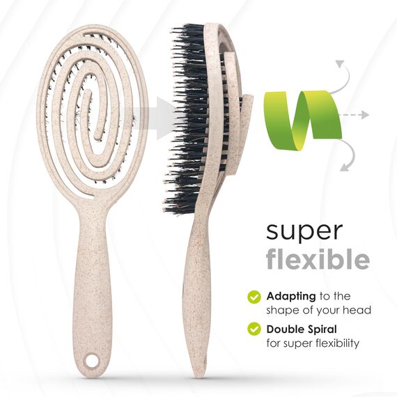 FABCARE Bio Haarbürste Wildschweinborsten Rund mit Ebook - Detangler-Bürste Doppelspiralfeder ohne Ziepen - Profi Entwirrbürste für Haartypen - Haarbürste Damen (Natur)