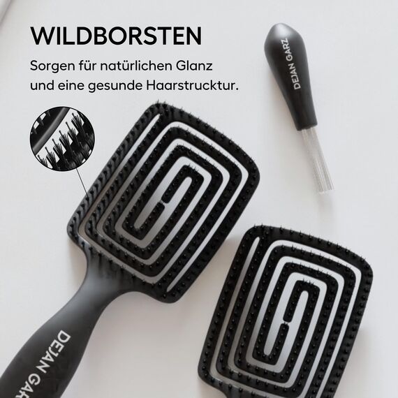 Dejan Garz Bürste mit Wildschweinborsten Schwarz (1 Stk) – Haarbürste ohne Ziepen für feines & mittleres Haar – Hair Brush für Glanz & Geschmeidigkeit inkl. Reinigungsbürste