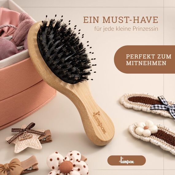 lampox Kinder Haarbürste Bambus mit Wildschweinborsten Kopfmassage Haarpflege, Entwirrbürste für lange Haare & Locken von Damen, Herren & Kinder, Massagebürste für die Kopfhaut, Detangler