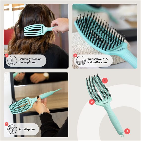 Olivia Garden Fingerbrush Care Iconic - Medium - Mint - Detangler Bürste mit Wildschweinborsten & Nylon für gesundes und glänzendes Haar