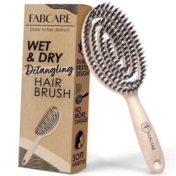FABCARE Bio Haarbürste Wildschweinborsten Rund mit Ebook - Detangler-Bürste Doppelspiralfeder ohne Ziepen - Profi Entwirrbürste für Haartypen - Haarbürste Damen (Natur)