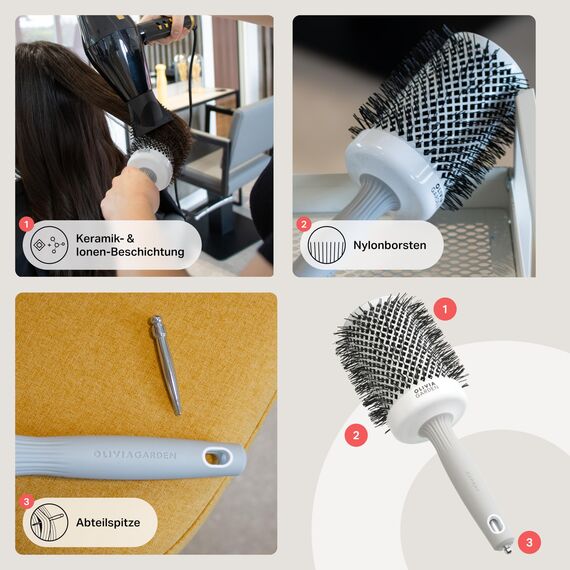 Olivia Garden Expert Blowout Shine - White & Grey - 65 - Keramikbeschichtete Rundbürste für geschmeidiges Ausblasen, krausfreies Haar & strahlenden Glanz