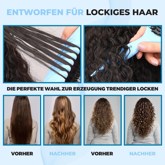 FABIHA® ???????????????????????????? Lockenbürste - Curly Hair Brush - Bio Haarbürste ohne ziepen - Wildschweinborsten Bürste - Die Originale 3-in-1-Stylingbürste für trendige Lockenfrisuren (Hellblau)
