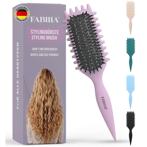 FABIHA® ???????????????????????????? Lockenbürste - Curly Hair Brush - Bio Haarbürste ohne ziepen - Wildschweinborsten Bürste - Die Originale 3-in-1-Stylingbürste für trendige Lockenfrisuren (Lilac)