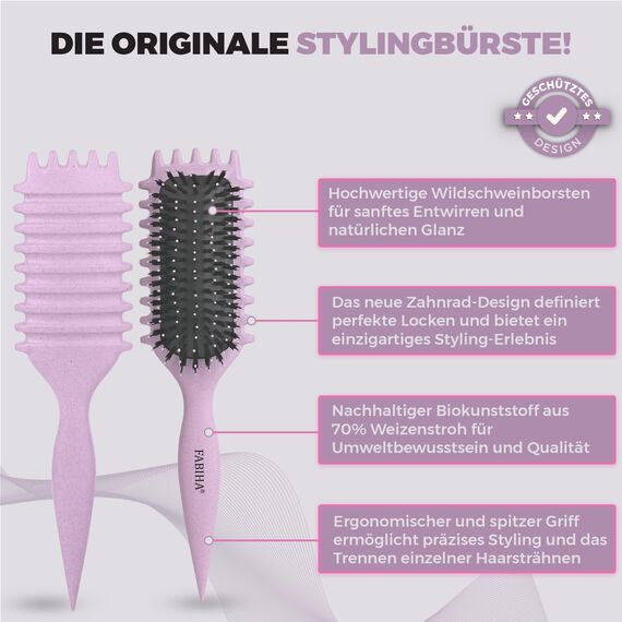 FABIHA® ???????????????????????????? Lockenbürste - Curly Hair Brush - Bio Haarbürste ohne ziepen - Wildschweinborsten Bürste - Die Originale 3-in-1-Stylingbürste für trendige Lockenfrisuren (Lilac)
