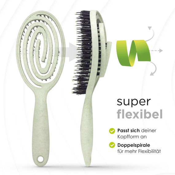 FABCARE Bio Haarbürste mit Wildschweinborsten - Detangler Doppelspiralfeder - Profi Entwirrbürste für jeden Haartyp - Damen (Grün) inkl. Ebook