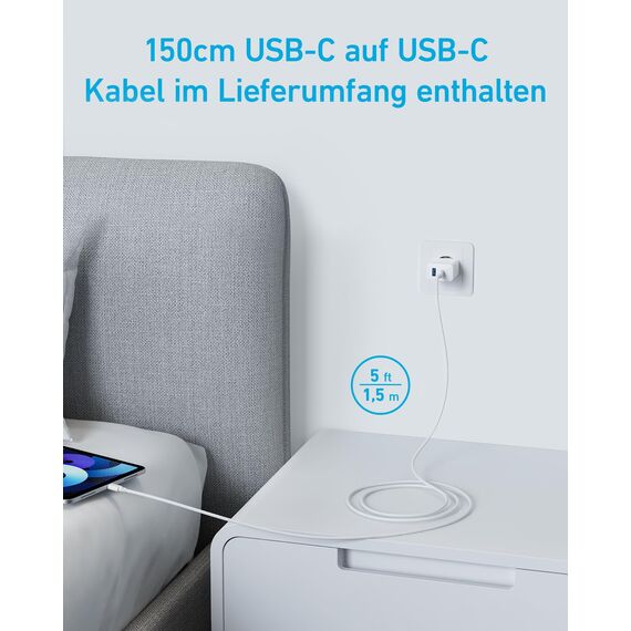Anker 20W USB C Ladegerät, iPad Netzteil, USB-Schnellladenetzteil, iPad Ladegerät, Kompatibel mit iPhone 17/16/15 Series (mit 150cm USB-C Kabel)