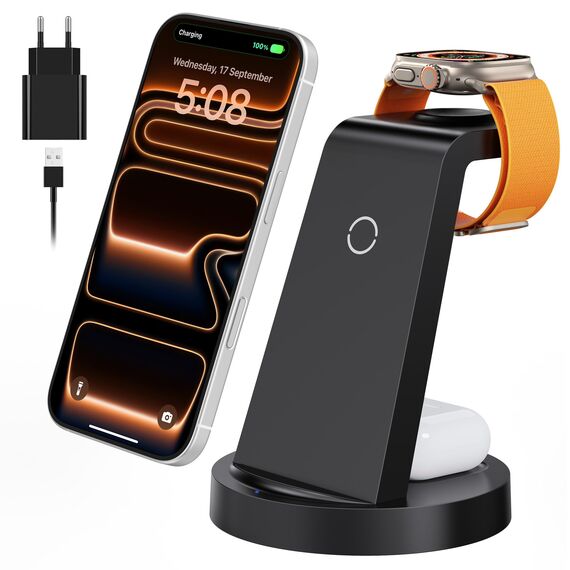 3 in 1 für iPhone Ladestation Schnelles Kabelloses Ladegerät - Wireless Charger für iPhone 17 Air 16e 16 15 14 13 12 11 X Pro Max & für Apple Watch und für Air Pods 4 3 2 Pro mit 18W Adapter