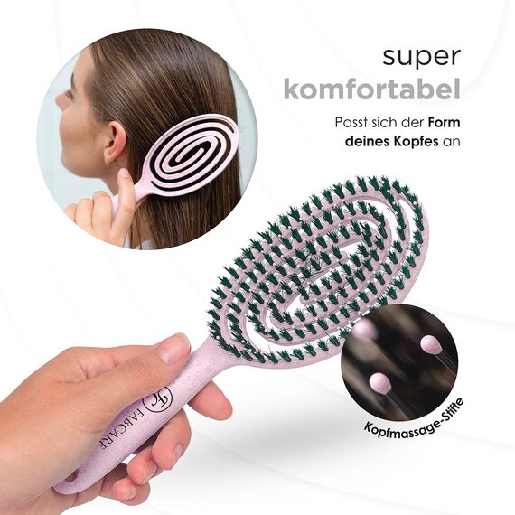 FABCARE Bio Haarbürste Wildschweinborsten Rund inkl. Ebook - Detangler-Bürste mit Doppelspiralfeder - Profi Entwirrbürste ohne Ziepen für jeden Haartyp - Damen Haarpflegebürste (Rosa)