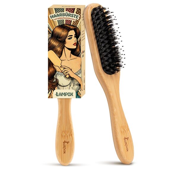 lampox - Bambus Haarbürste mit Wildschweinborsten Kopfmassage Haarpflege, Entwirrbürste für lange Haare & Locken von Damen, Herren & Kinder, Massagebürste für die Kopfhaut, Detangler (schmal)