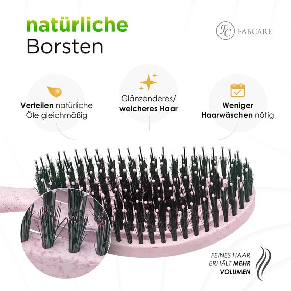 FABCARE Bio Haarbürste Wildschweinborsten Rund inkl. Ebook - Detangler-Bürste mit Doppelspiralfeder - Profi Entwirrbürste ohne Ziepen für jeden Haartyp - Damen Haarpflegebürste (Rosa)