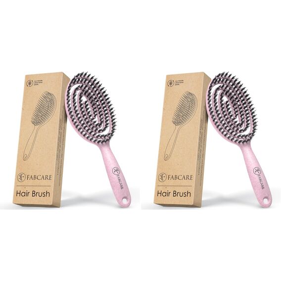 FABCARE Bio Haarbürste Wildschweinborsten Rund inkl. Ebook - Detangler-Bürste mit Doppelspiralfeder - Profi Entwirrbürste ohne Ziepen für jeden Haartyp - Damen Haarpflegebürste (Rosa) (Packung mit 2)