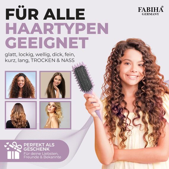 FABIHA® ???????????????????????????? Lockenbürste - Curly Hair Brush - Bio Haarbürste ohne ziepen - Wildschweinborsten Bürste - Die Originale 3-in-1-Stylingbürste für trendige Lockenfrisuren (Lilac)