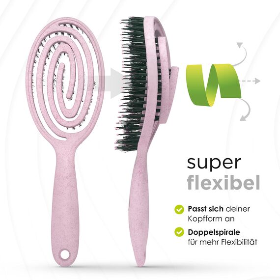 FABCARE Bio Haarbürste Wildschweinborsten Rund inkl. Ebook - Detangler-Bürste mit Doppelspiralfeder - Profi Entwirrbürste ohne Ziepen für jeden Haartyp - Damen Haarpflegebürste (Rosa)