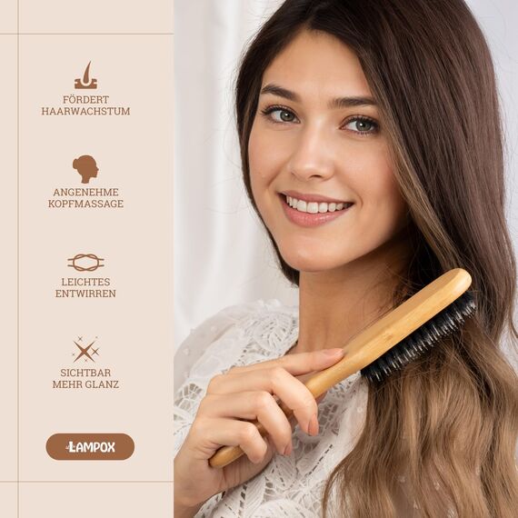 lampox - Bambus Haarbürste mit Wildschweinborsten Kopfmassage Haarpflege, Entwirrbürste für lange Haare & Locken von Damen, Herren & Kinder, Massagebürste für die Kopfhaut, Detangler (schmal)