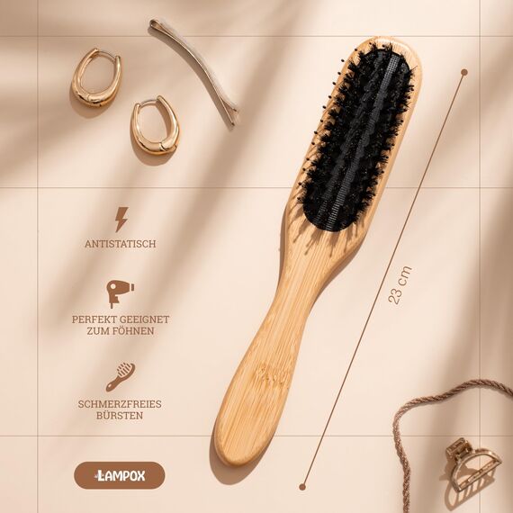 lampox - Bambus Haarbürste mit Wildschweinborsten Kopfmassage Haarpflege, Entwirrbürste für lange Haare & Locken von Damen, Herren & Kinder, Massagebürste für die Kopfhaut, Detangler (schmal)