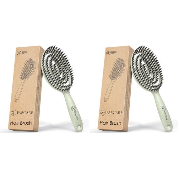 FABCARE Bio Haarbürste mit Wildschweinborsten - Detangler Doppelspiralfeder - Profi Entwirrbürste für jeden Haartyp - Damen (Grün) inkl. Ebook (Packung mit 2)