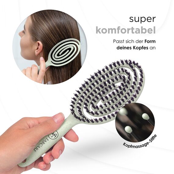 FABCARE Bio Haarbürste mit Wildschweinborsten - Detangler Doppelspiralfeder - Profi Entwirrbürste für jeden Haartyp - Damen (Grün) inkl. Ebook