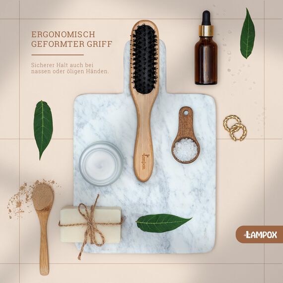 lampox - Bambus Haarbürste mit Wildschweinborsten Kopfmassage Haarpflege, Entwirrbürste für lange Haare & Locken von Damen, Herren & Kinder, Massagebürste für die Kopfhaut, Detangler (schmal)