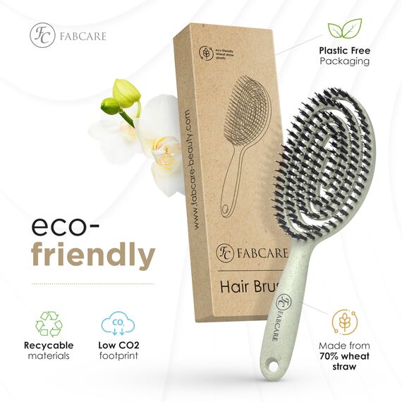 FABCARE Bio Haarbürste mit Wildschweinborsten - Detangler Doppelspiralfeder - Profi Entwirrbürste für jeden Haartyp - Damen (Grün) inkl. Ebook (Packung mit 2)
