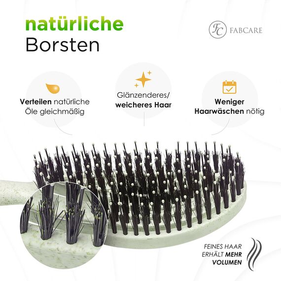 FABCARE Bio Haarbürste mit Wildschweinborsten - Detangler Doppelspiralfeder - Profi Entwirrbürste für jeden Haartyp - Damen (Grün) inkl. Ebook