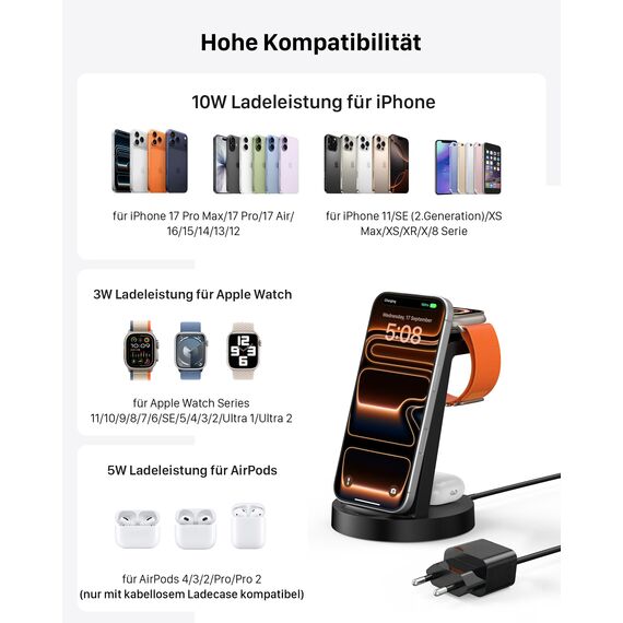 3 in 1 für iPhone Ladestation Schnelles Kabelloses Ladegerät - Wireless Charger für iPhone 17 Air 16e 16 15 14 13 12 11 X Pro Max & für Apple Watch und für Air Pods 4 3 2 Pro mit 18W Adapter
