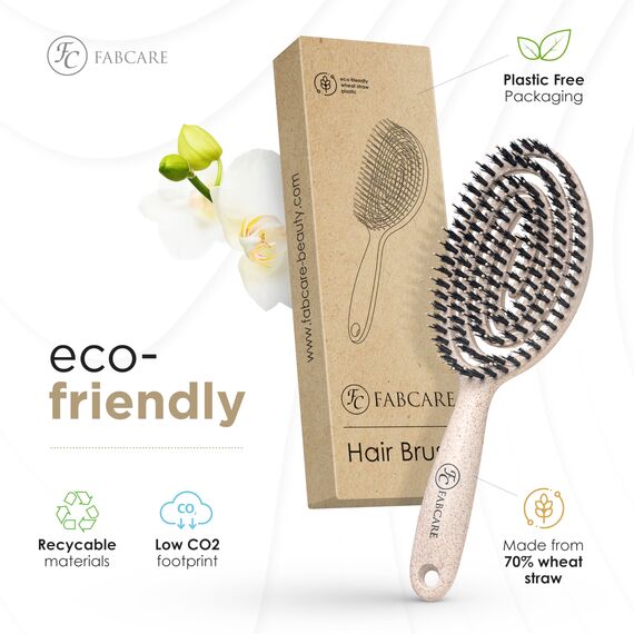 FABCARE Bio Haarbürste Wildschweinborsten Rund mit Ebook - Detangler-Bürste Doppelspiralfeder ohne Ziepen - Profi Entwirrbürste für Haartypen - Haarbürste Damen (Natur) (Packung mit 2)