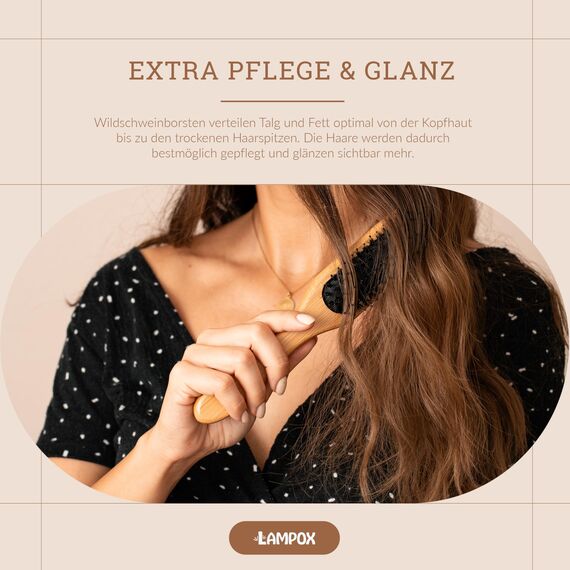 lampox - Bambus Haarbürste mit Wildschweinborsten Kopfmassage Haarpflege, Entwirrbürste für lange Haare & Locken von Damen, Herren & Kinder, Massagebürste für die Kopfhaut, Detangler (schmal)