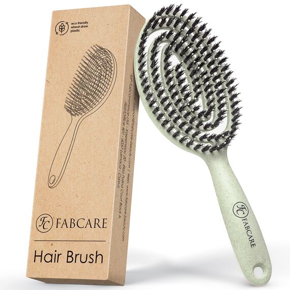 FABCARE Bio Haarbürste mit Wildschweinborsten - Detangler Doppelspiralfeder - Profi Entwirrbürste für jeden Haartyp - Damen (Grün) inkl. Ebook