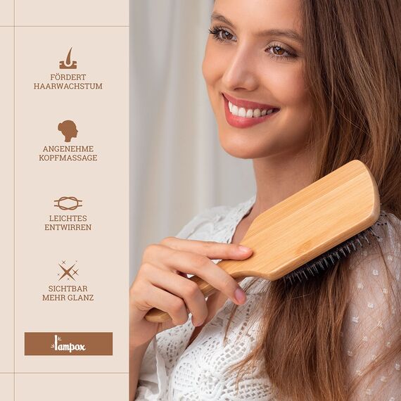 lampox - Bambus Haarbürste mit Wildschweinborsten Kopfmassage Haarpflege, Entwirrbürste für lange Haare & Locken von Damen, Herren & Kinder, Massagebürste für die Kopfhaut, Detangler (rechteckig)