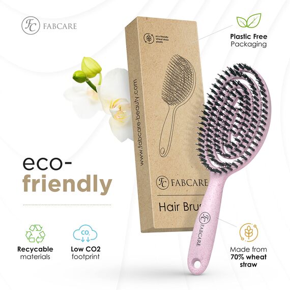 FABCARE Bio Haarbürste Wildschweinborsten Rund inkl. Ebook - Detangler-Bürste mit Doppelspiralfeder - Profi Entwirrbürste ohne Ziepen für jeden Haartyp - Damen Haarpflegebürste (Rosa) (Packung mit 2)