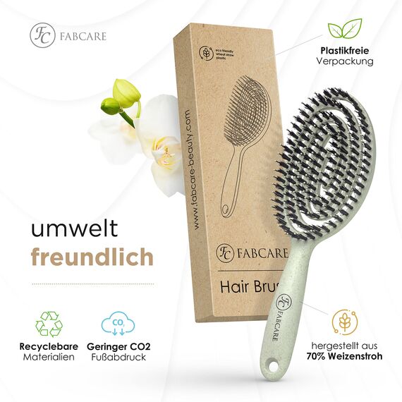 FABCARE Bio Haarbürste mit Wildschweinborsten - Detangler Doppelspiralfeder - Profi Entwirrbürste für jeden Haartyp - Damen (Grün) inkl. Ebook